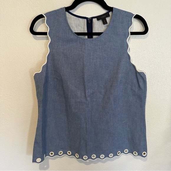 J. Crew Chambray Sleeveless Blouse with Scalloped Trim and Grommet Accents Size - Picture 2 of 5